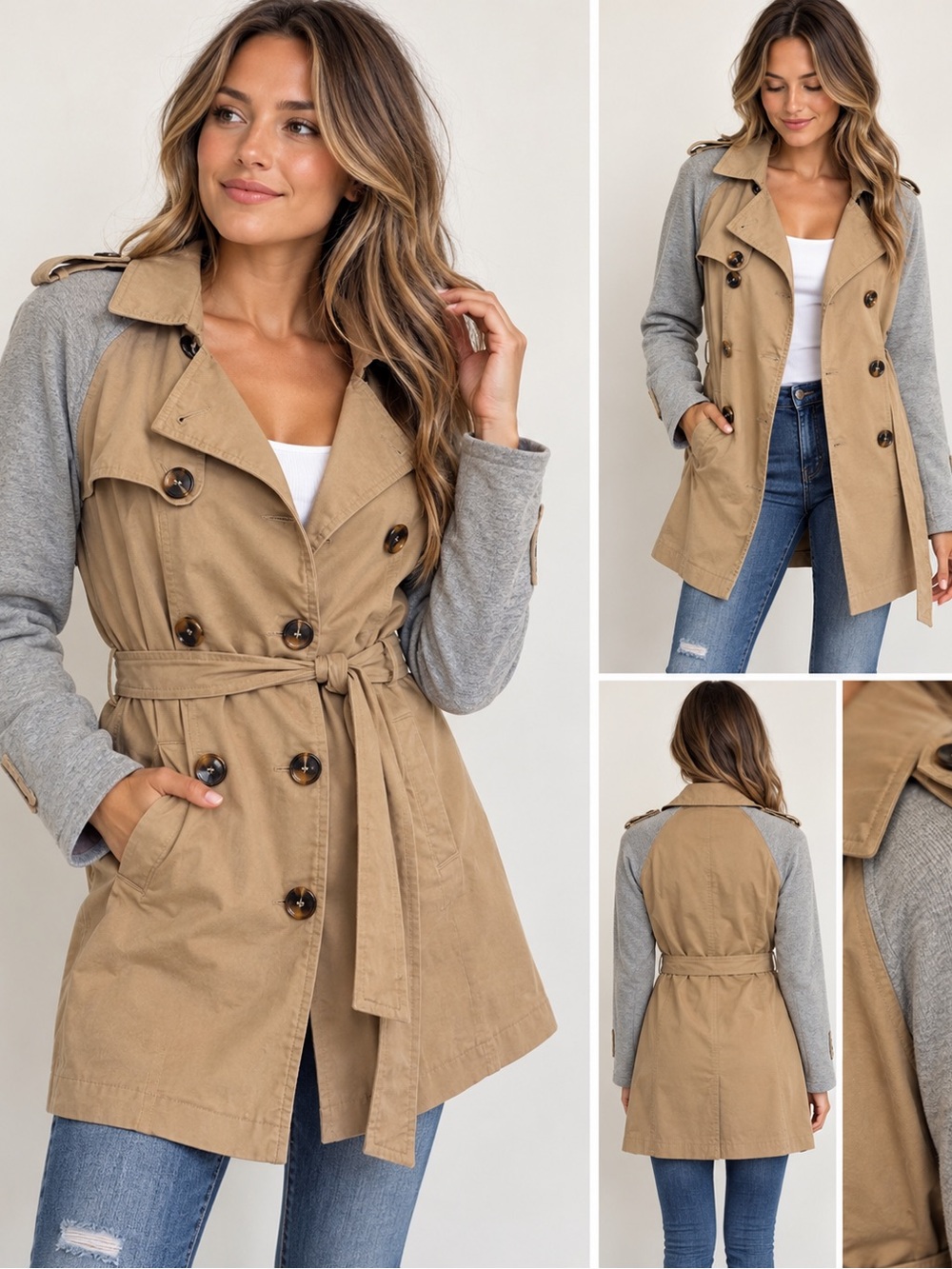Cotton Candy LA Colorblock Trench Coat Tan Gray Belted Jacket Size S